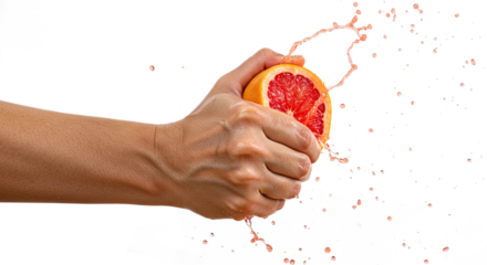 Hand squeezing a grapefruit with juice splashing on white back , transparent png