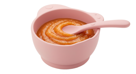A pink bowl filled with baby food and a matching pink spoon , transparent png