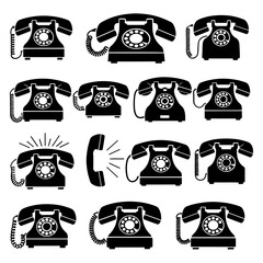 Vector art of collection of vintage rotary dial telephone icons, representing old communication