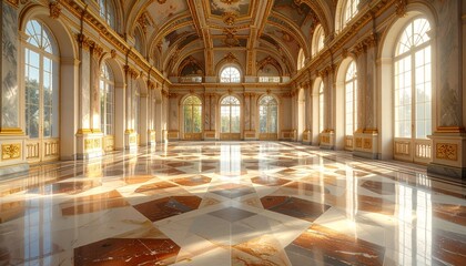 Obraz premium Sunlight Streaming Through Arched Windows of a Grand Ballroom.