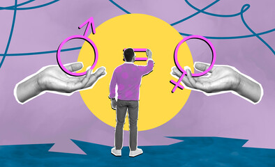 Sex education creative collage. Man drawing equals sign between male and female gender symbols in...