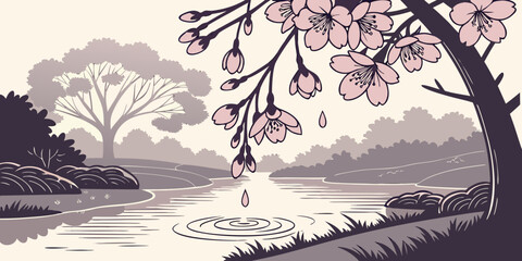 Delicate dark pink blossoms dripping water into a calm pond,creating ripples in a serene natural garden sitting 