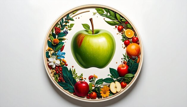 Fresh green apple centerpiece on an ornate decorative plate.