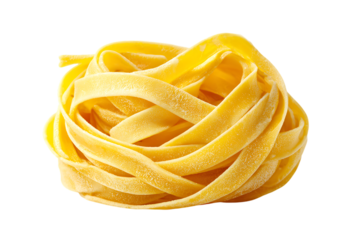 Uncooked yellow tagliatelle pasta nest isolated on white background, traditional Italian cuisine ingredient