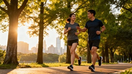 아침공원조깅하는트레이너와회원