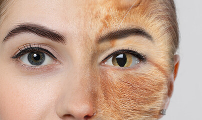 Young woman with half face as cat, double exposure. Collage on white background