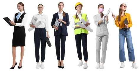 Obraz premium Choice of profession. Same woman representing different occupations. Collage of portraits on white background