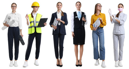 Obraz premium Choice of profession. Same woman representing different occupations. Collage of portraits on white background