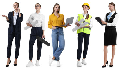Obraz premium Choice of profession. Same woman representing different occupations. Collage of portraits on white background