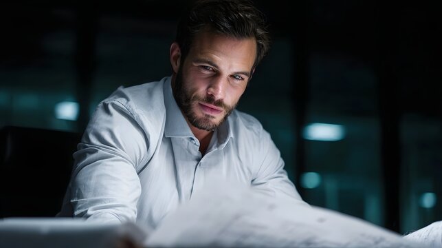 Focused businessman intently reviewing project documents at his desk in a dimly lit office late at night - Powered by Adobe
