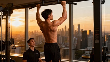 아시아남성_헬스장_철봉운동_도시전망