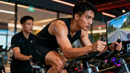 헬스장에서실내자전거타는남성과트레이너