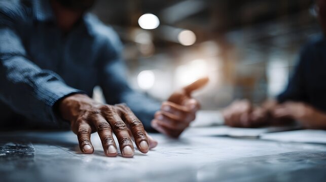 Two professionals collaborate over blueprints on a table discussing plans and making decisions