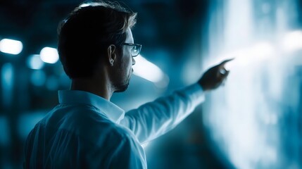 A man analyzes futuristic data on a digital dashboard with blue lighting