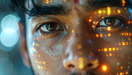 Digital Vision: A close-up shot of a person's face is partially illuminated with an overlay of binary code. Eyes hold the key to the digital world, where technology converges with human perception. 