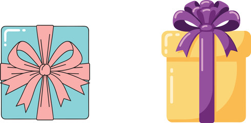 Flat vector gift boxes with glossy wrapping, decorative bows, festive colors, elegant ribbon styles, holiday present design, celebration illustration