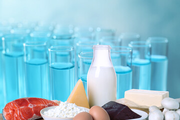 Food laboratory analysis. Test tubes and fresh products