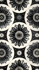 Monochromatic floral pattern, repeating circular motifs