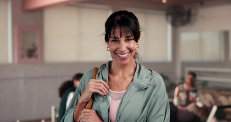 Face, fitness and smile of woman in health club studio with satisfaction for pilates class. Exercise, start and yoga mat with happy mature person in gym for performance or reformer challenge - Powered by Adobe