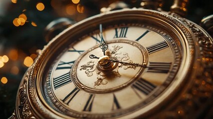 Close-up of an antique golden pocket watch with Roman numerals, ticking towards midnight, against a bokeh background. - Powered by Adobe