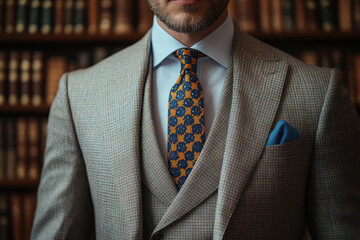 Dapper gentleman in a sophisticated tweed suit, crisp blue shirt, and vibrant patterned tie exudes timeless elegance and professional confidence.