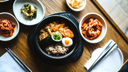 Overhead shot of a vibrant bibimbap bowl, featuring rice, noodles, an egg, and various flavorful vegetable side dishes on a wooden table. Ready to be savored!