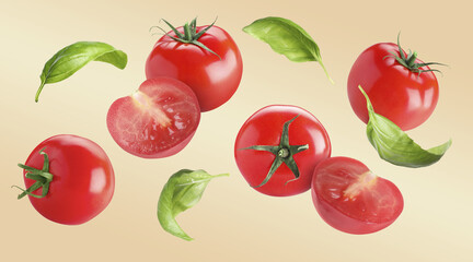 Fresh tomatoes and basil leaves flying on dark beige background