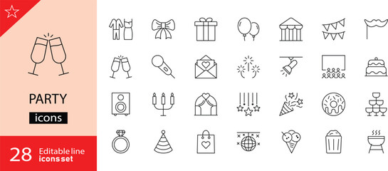 Party icons set. Includes symbols of celebration, music, dance, balloons, drinks, gifts, and festive decorations. Editable stroke. Vector illustration. Perfect for events, holidays, and entertainment.