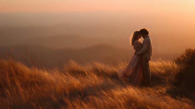 Romantic silhouette of couple embracing in golden wheat field at sunset, mountains in background create dreamy atmosphere for wedding photography and greeting cards. - Powered by Adobe