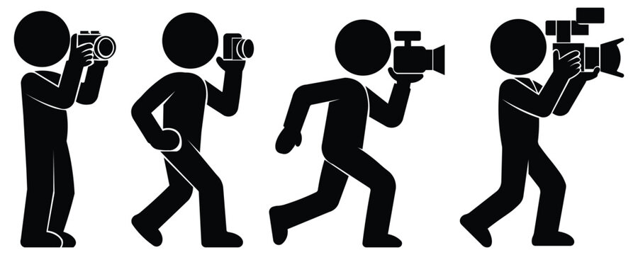 Stickman photographer and cameraman silhouette vector set, minimal black human figures holding camera and video recorder, simple photography and filmmaking icons for creative design and infographic 