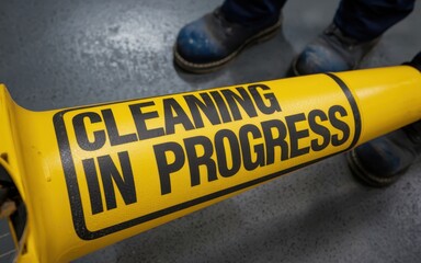 Safety training workplace routine Caution sign indicating cleaning activity in a commercial space.