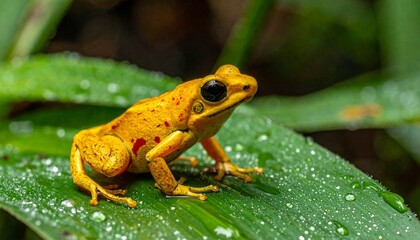 Obraz premium Vibrant Golden Frog Perched on Lush Green Leaf in Rainforest.