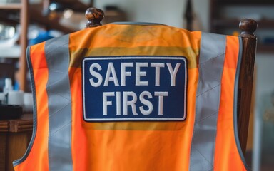 Safety training workplace routine Safety vest with "SAFETY FIRST" sign displayed prominently.