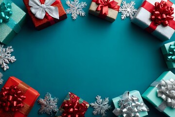 Festive gift boxes with bows and snowflake decorations arranged in frame border on turquoise background creating copy space for holiday message or design.
