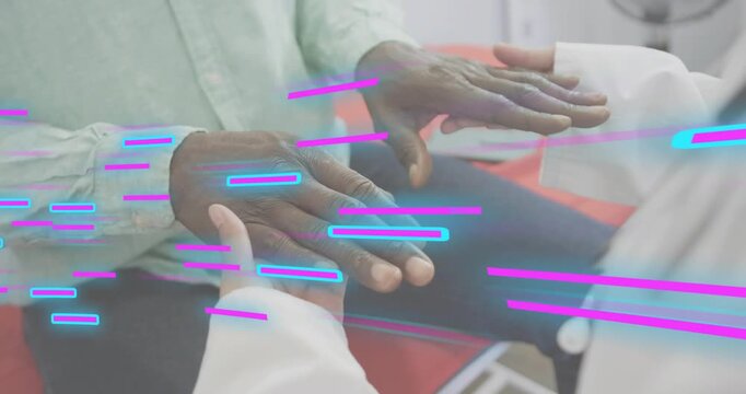 Medical pro placing hand on patient wrist locating pulse and monitoring vitals amid glitch overlay