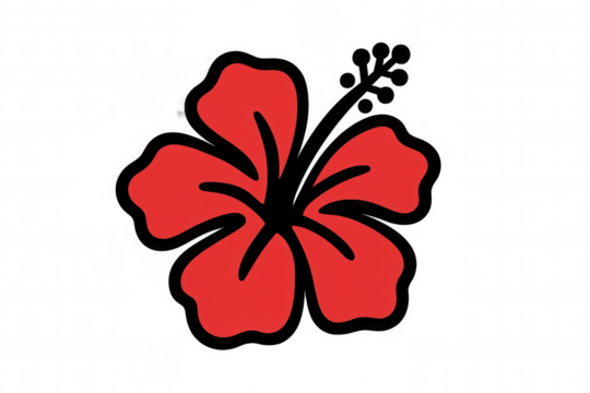 Red hibiscus flower vector icon artwork on transparent background, tropical plant blooming in vibrant color, simple flat design