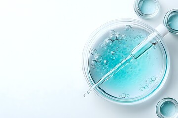 Laboratory petri dish with turquoise liquid and pipette on white background, scientific research concept showing experimental sample in medical lab setting.