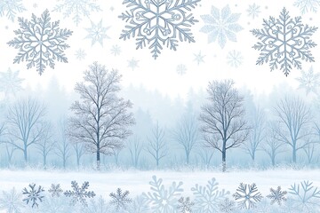 Whimsical winter wonderland forest scene with falling snowflakes