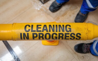 Safety training workplace routine Caution sign indicating cleaning in progress with workers and equipment nearby.