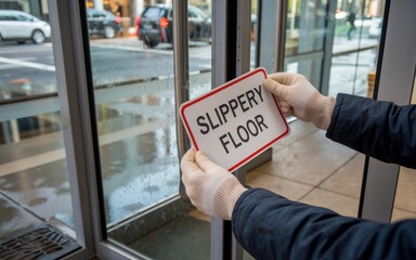 Safety training workplace routine A person holds a "Slippery Floor" sign in a commercial entrance area.