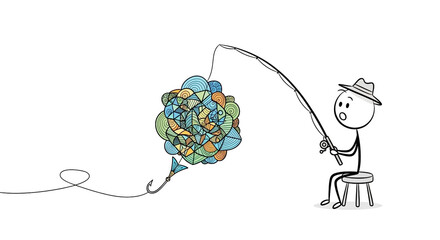 Stick figure fishing, catching abstract tangled colorful blob. Concept of problem-solving, unexpected challenge, or complex idea.