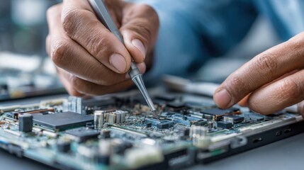 Technician carefully replaces tablet battery in a modern device to enhance performance and extend usage time focusing on internal hardware components.