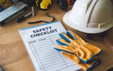 Safety training workplace routine Safety checklist on a workbench with gloves and a hard hat nearby.