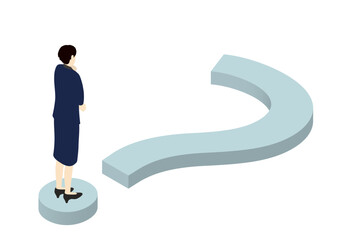 Businesswoman standing on a question mark, isometric illustration