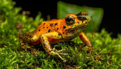 Obraz premium Vibrant Orange Frog with Black Spots on Green Moss in a Dark Environment.