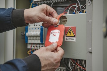 Safety training workplace routine A person attaching a lockout tag on an electrical panel for safety.