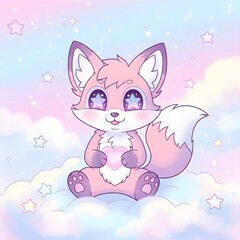 Dreamy Kawaii Fox with Glowing Heart on Cloud