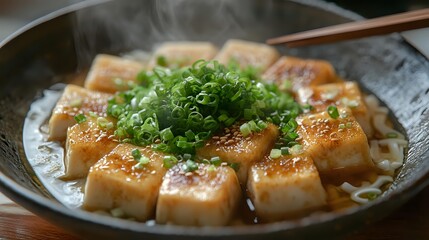 Pan-fried tofu cubes topped with fresh chopped green onions in savory sauce, served in traditional ceramic bowl with wooden chopsticks. Asian cuisine.