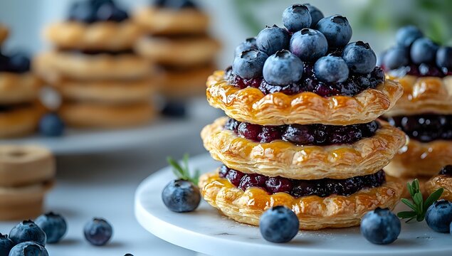 Fresh blueberries layered between flaky golden puff pastry rounds with sweet filling, served on white plate. Close up view of gourmet French pastry dessert.