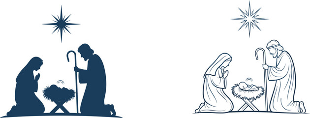 Nativity scene with Mary Joseph and baby Jesus, Bethlehem star, religious Christmas illustration, flat vector, silhouette and line art